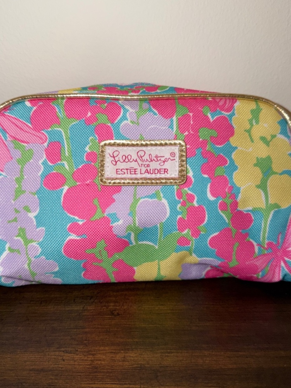 Lily Pulitzer Estee Lauder Makeup Bag Travel Pouch Pink Floral Gold Zipper NWT